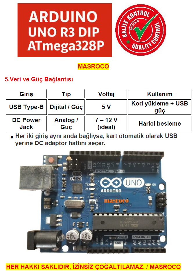 Arduino UNO R3 DIP (CH340G) + USB Kablo ve Header Hediyeli | Masroco