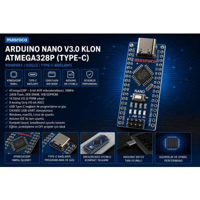 Arduino Nano v3.0 Klon– ATmega328P Type-C (Header + USB Kablo Dahil)