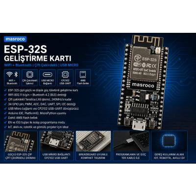 ESP32-S Wifi - Bluetooth Geliştirme Kartı -CP2102 (SMA – U.FL (IPEX) dönüştürücü ve USB Kablo Dahil)