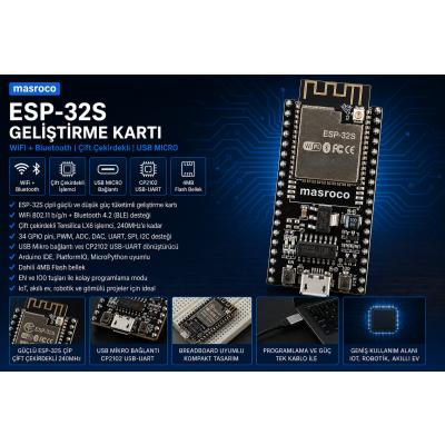 ESP-32S Wifi - Bluetooth Geliştirme Kartı -CP2102 (SMA – U.FL (IPEX) dönüştürücü ve USB Kablo Dahil)