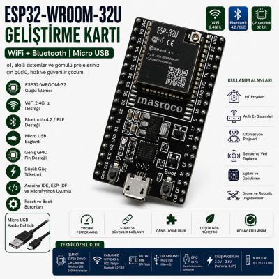 ESP-32U Wi-Fi & Bluetooth Geliştirme Modülü (Siyah PCB – SMA – U.FL/IPEX Dönüştürücü  + USB Kablo Dahil)