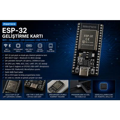 ESP32 WiFi + Bluetooth Geliştirme Kartı (Type-C + CP2102) – Breadboard ve USB Kablo Dahil