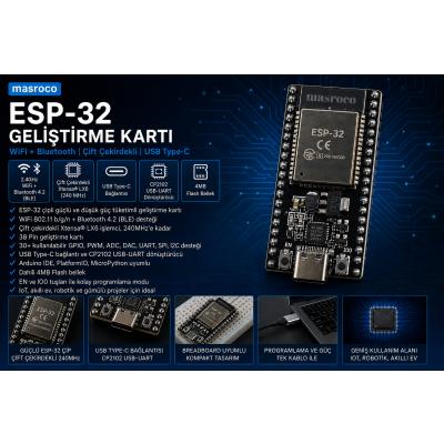 ESP-32 WiFi + Bluetooth Geliştirme Kartı Type-C (38 Pin, Siyah PCB, USB Kablo Dahil)
