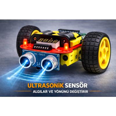 MASROKİT U2F-7645 Ultrasonik Sensörlü Engelden Kaçan Robot Eğitim Kiti – Lehimlemeli STEM Robotik Kit