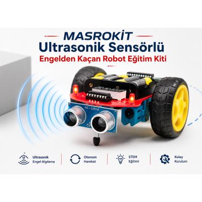 MASROKİT U2L-7718 Ultrasonik Sensörlü Engelden Kaçan Robot Eğitim Kiti (Metal Dişli  Mavi Motorlu)