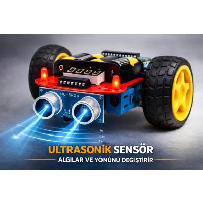 MASROKİT U2M-8816 Ultrasonik Sensörlü Engelden Kaçan Robot Eğitim Kiti – Lehimlemeli STEM Robotik Kit