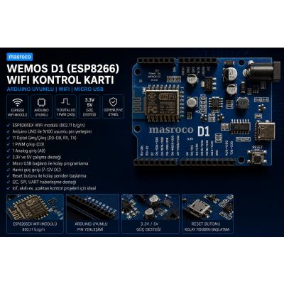 WeMos D1 Arduino ESP8266 WiFi Kontrol Kartı (Header + USB Kablo Dahil)